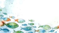 Watercolor fish swimming in ocean waves with soft blue and green tones on white background for marine themed designs and aquatic illustrations.