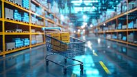 Shopping cart in modern warehouse aisle with glowing digital data visualization overlay, logistics and e-commerce concept background with futuristic elements.