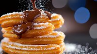 Stack of fresh homemade pancakes with melting chocolate sauce and powdered sugar on dark background with bokeh lights, close up macro food photography.