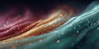 Abstract flowing waves with glowing particles and bokeh lights in teal, gold and purple colors for modern digital backgrounds and creative projects.