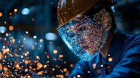Welder at work with bright orange sparks flying against dark background, wearing protective mask illuminated by blue glow. Dramatic industrial scene.