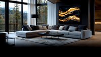 Modern luxury living room with gray sectional sofa, black and gold abstract wall art, floor-to-ceiling windows overlooking forest landscape, contemporary interior design.