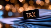 Glowing tax text on black surface against blurred golden bokeh lights with stack of paper documents, financial concept for tax season and accounting.