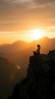 Woman meditating in lotus pose on mountain cliff edge during golden sunset with layered peaks creating serene spiritual wellness scene.