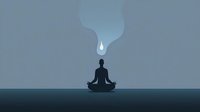 Silhouette of person meditating in lotus position with water drop falling from cloud above on minimalist blue background for wellness and mindfulness concepts.