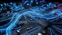 Futuristic microchip with glowing blue energy streams flowing across circuit board patterns in dark technological environment for digital innovation concepts.