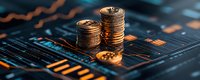Stacks of golden coins on financial chart background with cryptocurrency bitcoin, showing market trends and digital currency investment concept.