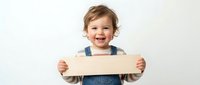 Happy toddler boy in denim overalls holding blank sign with big smile on white background. Cheerful child with brown hair displaying empty banner.