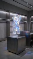 Holographic transparent female mannequin torso displayed on pedestal in modern luxury retail store with LED lighting and contemporary interior design.