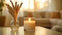 Glowing candle and dried wheat stalks in glass vase on wooden table, creating cozy atmosphere in warm-toned living room with soft natural lighting.