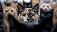 Curious cats with different fur colors and striking blue eyes peek at camera, creating engaging composition of feline faces in soft focus background.