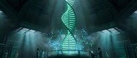Futuristic laboratory with glowing DNA double helix hologram and scientists conducting genetic research in high-tech facility with dramatic lighting.