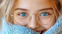 Close up portrait of young woman with bright blue eyes wearing round glasses and cozy blue knit scarf, showing genuine happy smile.