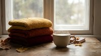 Stacked knit sweaters in warm tones beside steaming mug on wooden windowsill with autumn leaves and natural light for cozy home decor and seasonal lifestyle content.
