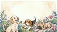 Adorable puppies playing in spring garden with flowers and plants on vintage watercolor background for pet care designs and greeting cards.