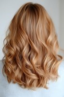 Luxurious wavy blonde hair styled with soft curls showcasing professional haircut and color technique. Back view of modern hairstyle demonstrates salon styling results.