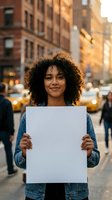 Young African American woman holding blank white sign on busy city street during golden hour sunset for advertising mockup and promotional campaigns.