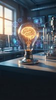 Glowing light bulb with brain filament surrounded by digital gears and arrows in modern laboratory setting representing innovation and creative thinking.