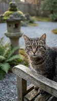 Tabby cat with striking eyes perched on weathered wooden fence in serene garden setting with stone lantern and moss-covered elements, suitable for pet, nature, and lifestyle content.
