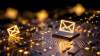 Digital communication network with glowing email icons floating above circuit board technology background for business and connectivity concepts.