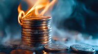 Stack of golden coins on fire with dramatic smoke effect against dark blue background, symbolizing financial crisis, money loss, and economic turmoil.