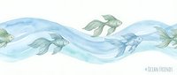 Watercolor ocean waves with swimming fish in soft blue and green tones, seamless pattern for textile design and decorative backgrounds.