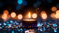 Single burning candle with warm flame against dark background with blue and orange bokeh lights creating magical atmosphere for meditation and relaxation.