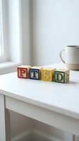 Colorful wooden alphabet blocks spelling PTSD arranged on white desk near window with ceramic mug, representing mental health awareness and post-traumatic stress disorder education.