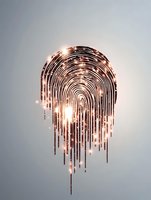 Glowing fingerprint melting with sparkles and light effects on gray background, digital security concept for identity protection and biometric authentication.