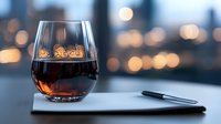 Glass of whiskey or bourbon on table with blurred city lights in background, creating elegant evening ambiance for relaxation or celebration.