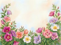 Watercolor floral border frame with pink, purple, and coral blooms on soft pastel background, copy space for text or greeting card design.