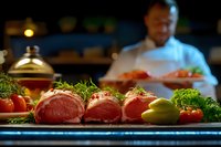 Fresh raw beef tenderloin steaks with herbs and vegetables on cutting board in professional kitchen with chef cooking in background for culinary preparation.