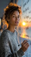 Young mixed-race woman with curly hair writing mathematical equations on glass board in modern office or classroom setting during golden hour lighting.
