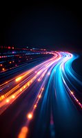 Glowing curved light trails in orange and blue colors create dynamic motion effect against dark background, representing speed, technology and digital transformation.