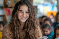 Young Caucasian woman with long wavy brown hair and bright smile wearing cozy knit sweater in casual classroom setting, natural lighting creates warm atmosphere.