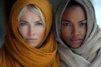 Two women wearing headscarves in mustard yellow and beige colors, close-up portrait showing contrasting skin tones and striking facial features against neutral background.