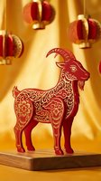 Red ornate goat figurine with golden decorative patterns on wooden surface with hanging red lanterns creating warm festive atmosphere for celebrations.