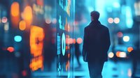 Silhouette of businessman against digital financial data display with urban night lights in background creating futuristic atmosphere.