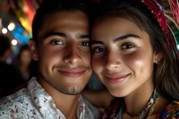 Young Hispanic couple smiling at night celebration with festive lights in background, close up portrait showing genuine happiness and romance.