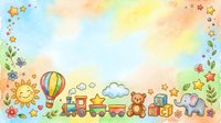 Whimsical children's train with hot air balloon, teddy bear, and colorful blocks on watercolor background with stars and flowers. Isolated design for nursery decor, children's books, and educational materials.