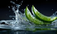 Fresh green chili peppers splashing in clear water against dark background, dynamic water drops and motion capture for food photography.