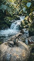 Toad sitting on rock beside flowing stream in lush tropical rainforest with ferns and dappled sunlight filtering through canopy for nature photography.