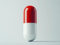 Large red and white medical capsule pill standing upright on light background with soft shadow, minimalist pharmaceutical concept for healthcare and medicine.