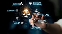 Professional businessman touching digital law interface with scales of justice symbol and regulatory compliance icons on futuristic technology screen.