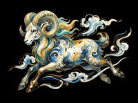 Leaping ram with golden horns and swirling blue and gold patterns, isolated on transparent background, ready for stickers, sublimation, and t-shirt design.