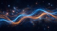 Cosmic energy waves flowing through deep space with glowing particles and stars creating abstract digital art for technology and science concepts.