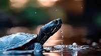 Close up of water turtle with water drops splashing around its head against blurred natural background with bokeh effect in dark tones.