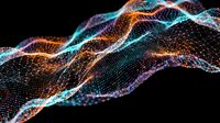 Abstract digital wave mesh with glowing particles in orange, cyan and purple colors on black background for technology and data visualization projects.