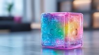 Glowing translucent cube with rainbow colors and circuit pattern emits soft light on reflective surface. Futuristic technology concept with colorful neon illumination.