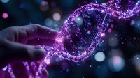 Glowing purple DNA helix structure with sparkles and bokeh effects on dark background, finger touching genetic code strand in futuristic science concept.